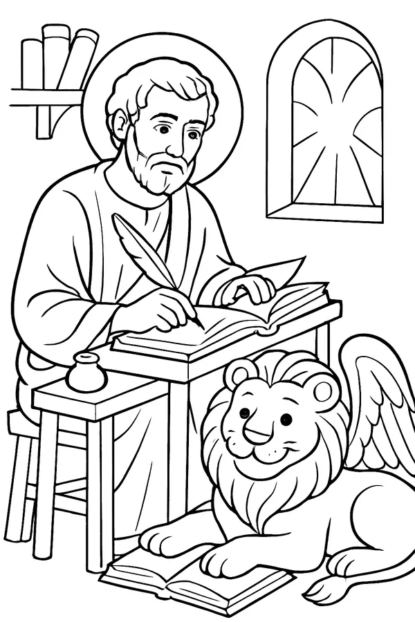 Coloring page line drawing of St. Mark as a bearded man writing in a large book at a wooden desk, with a gentle winged lion lying beside him holding an open book