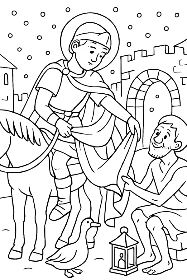 Coloring page line drawing of St. Martin of Tours as a young Roman soldier on a horse, handing half of his cloak to a beggar at a city gate in the snow, with a goose and a lantern in the corner