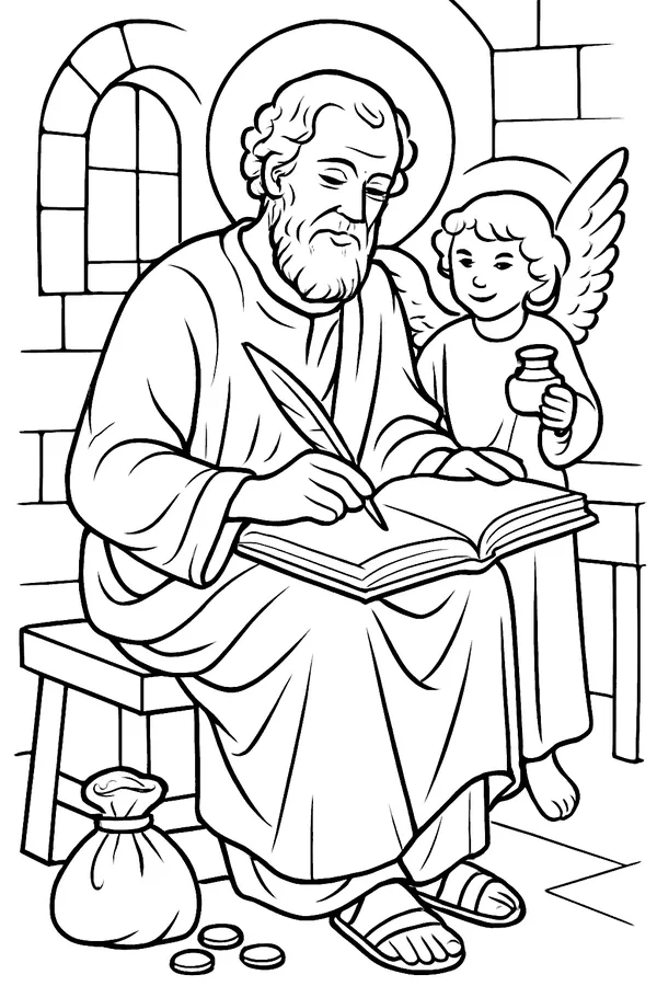 Coloring page line drawing of St. Matthew as a bearded man writing in a book, with a small winged angel holding an inkpot beside him and a closed money bag on the floor