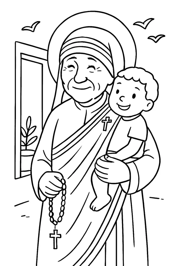 Coloring page line drawing of Mother Teresa as a gentle, smiling nun in a sari with a striped border and a small cross on her shoulder, holding a little child and a rosary, in front of a simple open doorway