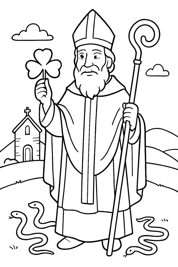 Coloring page line drawing of St. Patrick as a bearded bishop in a miter, holding a crozier and a shamrock, with snakes at his feet and a small church on a green hill behind him