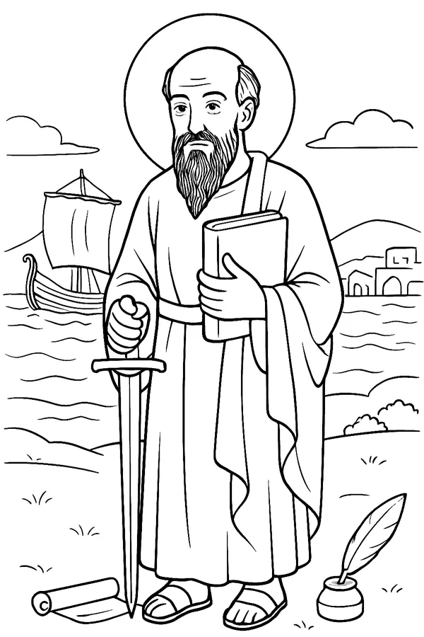 Coloring page line drawing of St. Paul as a bearded apostle in a robe and cloak, holding an open book and a sword pointed down, with a sailing ship on the waves and a few hills behind him