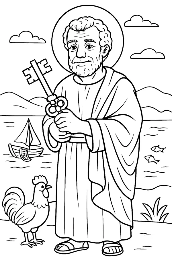 Coloring page line drawing of St. Peter as a bearded fisherman apostle in a robe and cloak, holding two large keys, with a small fishing boat and net on the water behind him and a rooster at his feet