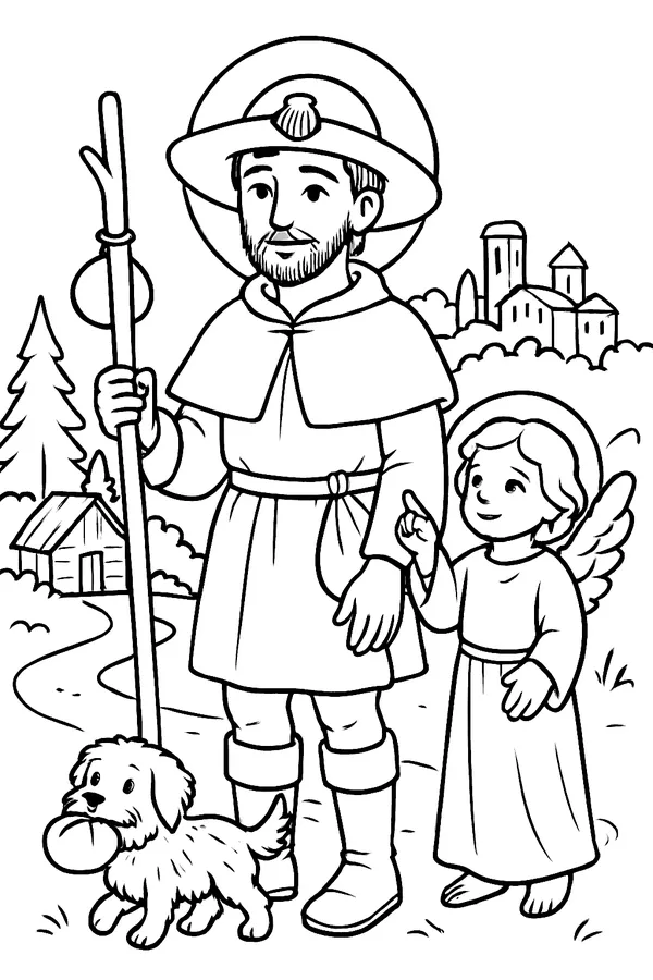 Coloring page line drawing of St. Roch as a bearded pilgrim in a wide-brimmed hat with a scallop shell, a short cape and a staff with a water gourd, with a dog carrying a loaf of bread in its mouth at his feet and a small angel beside him
