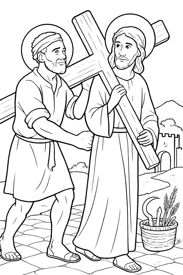 Coloring page line drawing of St. Simon of Cyrene, a strong bearded man in a work tunic with rolled sleeves, carrying the back of a wooden cross behind Jesus on a stone road, with a city gate and a hill behind