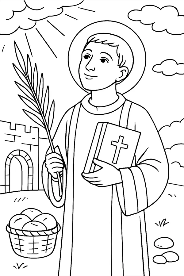 Coloring page line drawing of St. Stephen as a young deacon in a dalmatic, holding a Gospel book and a palm branch, looking up at rays of light, with a basket of bread at his side and a few small stones on the ground