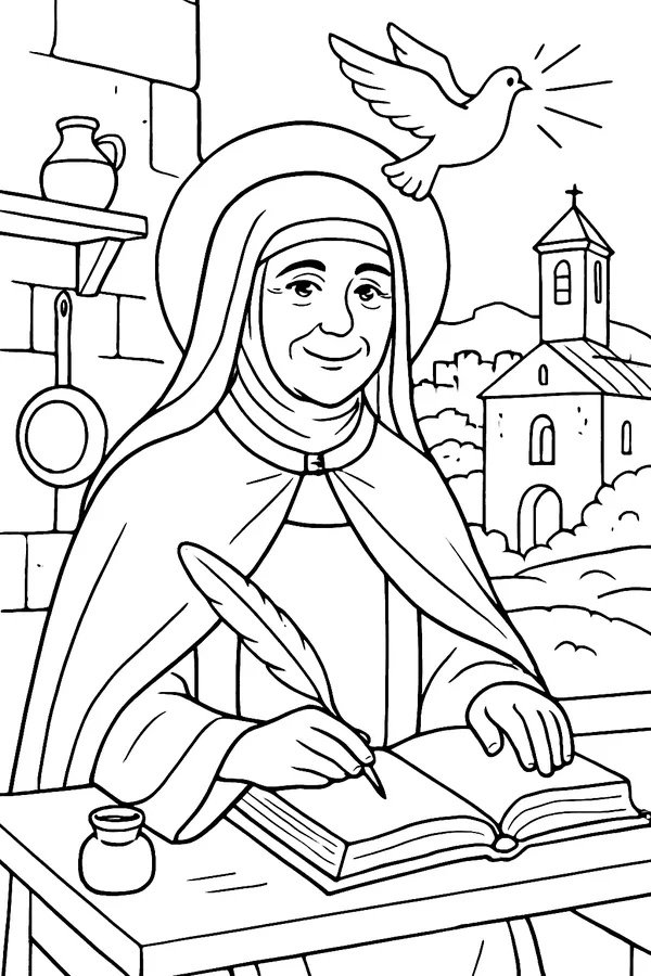 Coloring page line drawing of St. Teresa of Ávila in a Carmelite habit and veil, writing in an open book with a feather quill, with a dove flying above her and a small convent with a bell tower behind