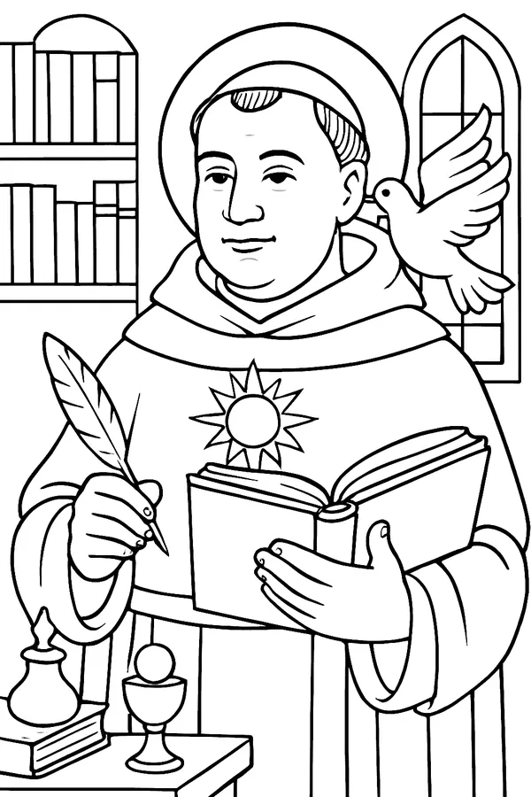 Coloring page line drawing of St. Thomas Aquinas as a large, gentle friar in a Dominican habit, holding an open book and a quill, with a small sun on his chest, a dove near his ear and a bookshelf and church window behind him