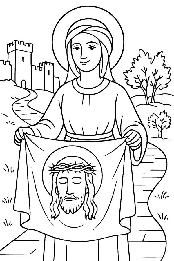 Coloring page line drawing of St. Veronica, a woman in a long veil, holding open a cloth that shows the face of Jesus, with a road, a city wall and a hill in the background