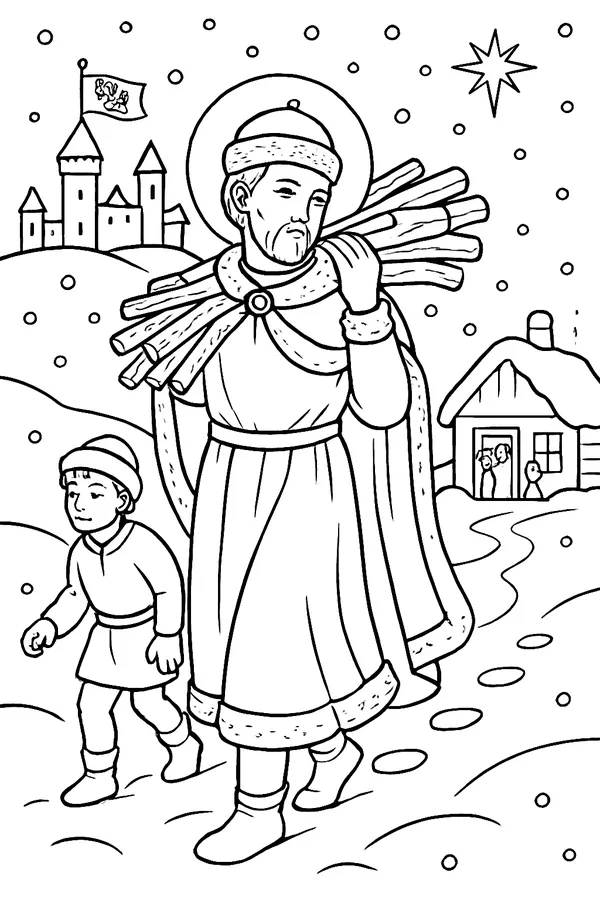 Coloring page line drawing of St. Wenceslaus, a young bearded duke in a fur-trimmed cap and cloak with a halo, carrying firewood on his shoulder through falling snow toward a small cottage, with a castle on a hill behind