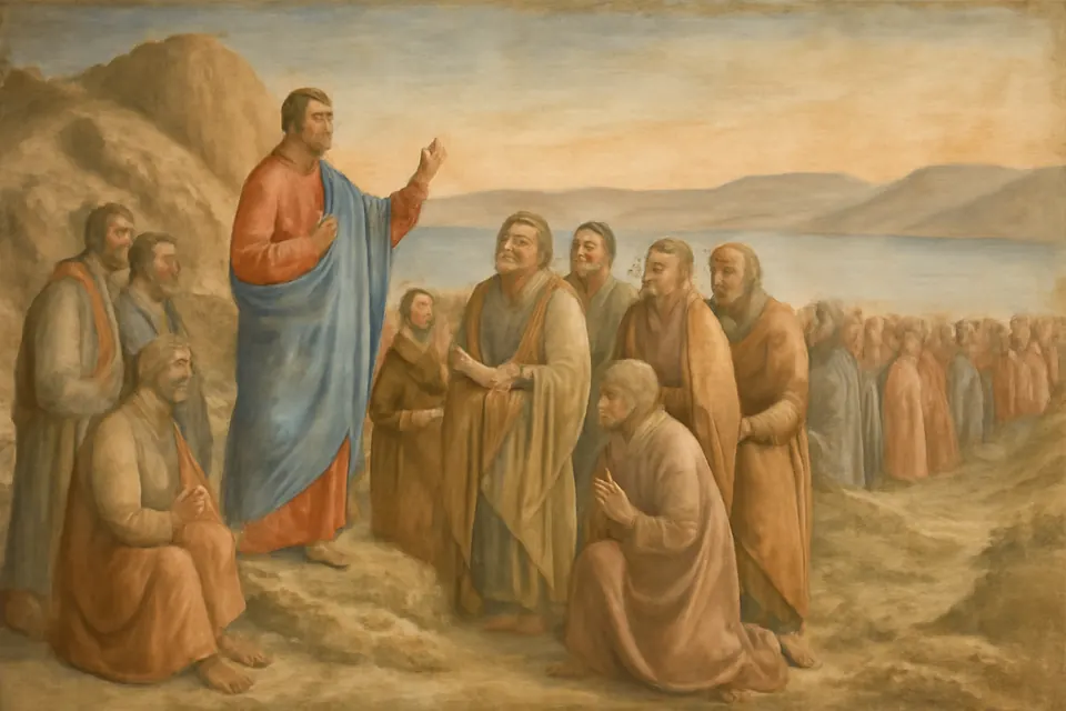 Fresco-style painting of Jesus on a hillside at dawn with twelve men in simple robes gathered around him