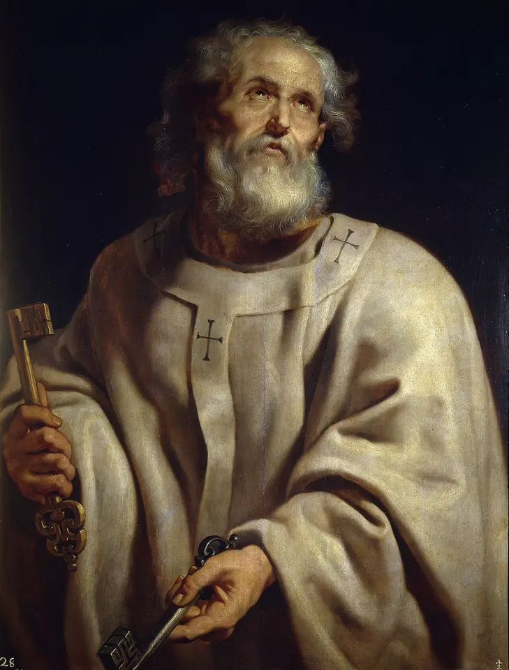 Gray-bearded St. Peter in a white mantle with a pallium marked with crosses, looking upward and holding two large keys