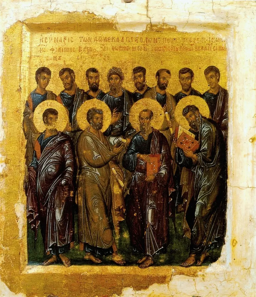 Byzantine icon on a gold ground showing the twelve apostles standing together in two rows, the four in front with halos and holding books and scrolls