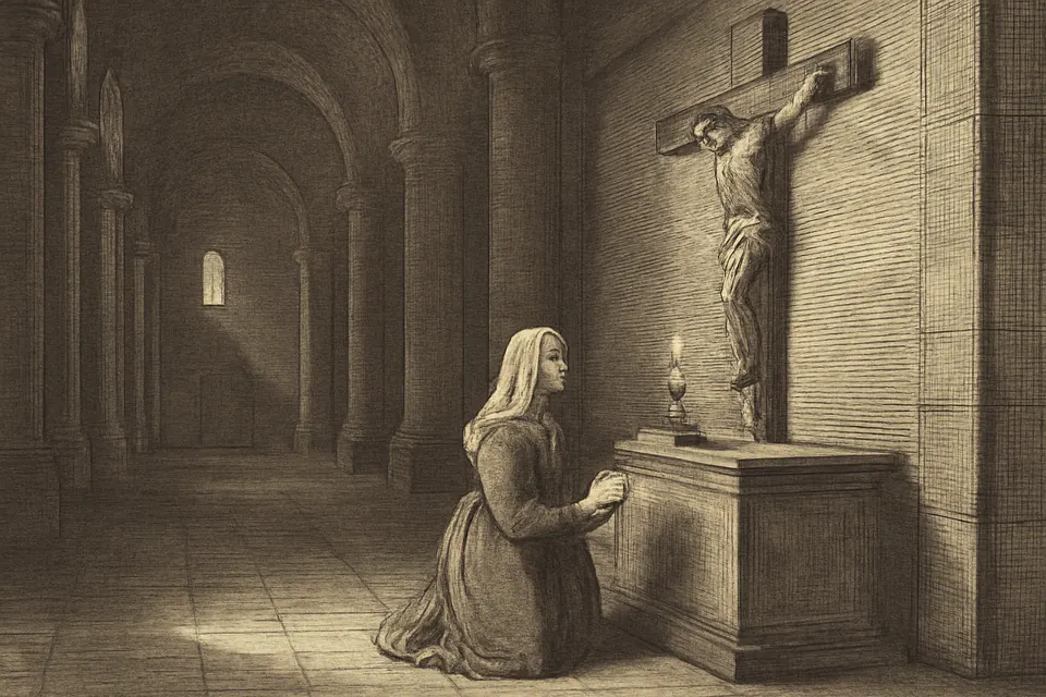 Engraving-style illustration of a widow in a white veil kneeling before a large crucifix in a dim Roman basilica, a small prayer book open in her hands