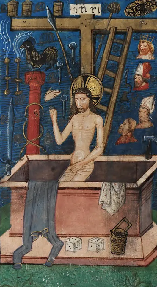 Manuscript painting of Christ showing his wounds as he stands in an open tomb, surrounded by the cross, ladder, spear, pillar, rooster, dice and other instruments of the Passion on a blue ground