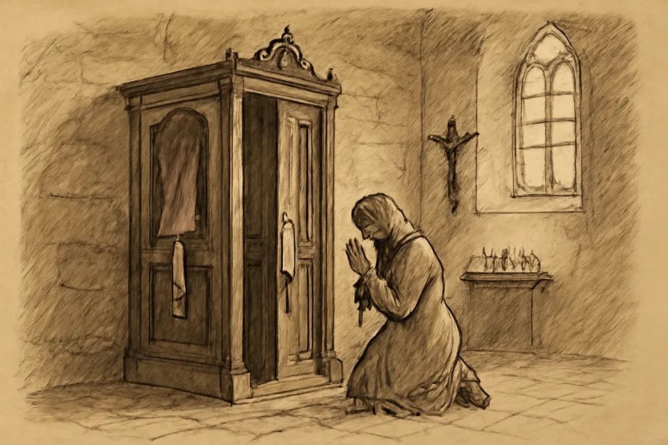 Illustration of a woman kneeling in prayer at the side of an old wooden confessional, her rosary in her hands, in a candlelit parish church