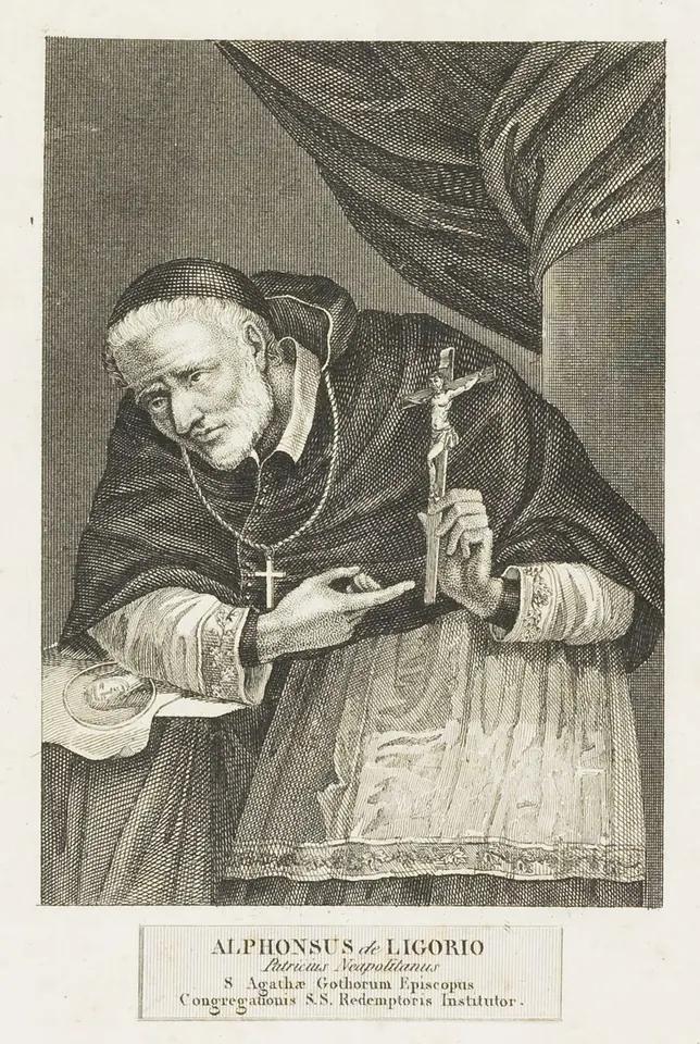 Engraved portrait of St. Alphonsus Liguori as an elderly bishop in a cape and skullcap, bent forward and holding a crucifix in both hands