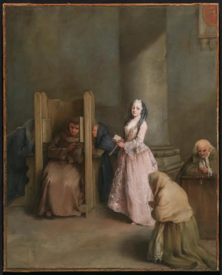 A friar sits in a plain wooden confessional in a gray church, hearing a kneeling woman, while a lady in a pink gown waits her turn and an old woman bows at the right