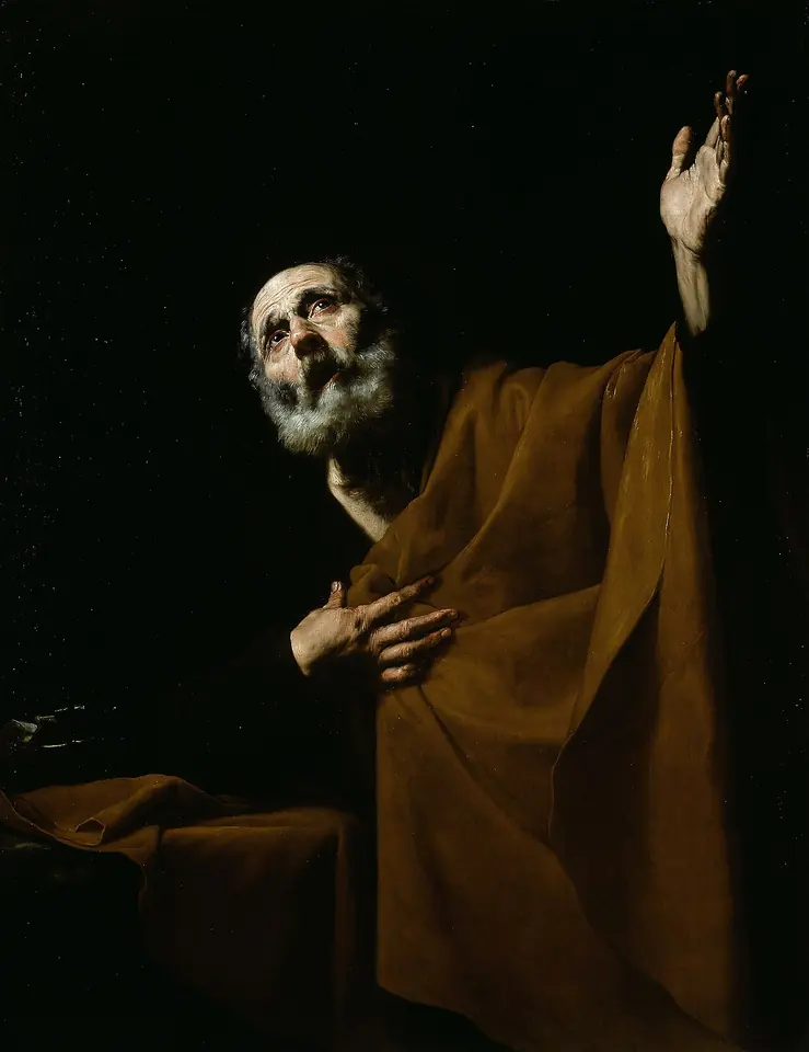 St. Peter, an old man with a gray beard in a brown cloak, looks up to heaven with one hand raised and the other pressed to his chest