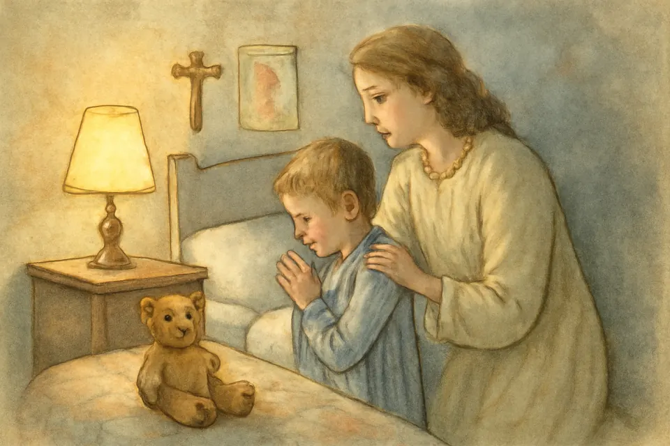 Watercolor-style illustration of a mother kneeling beside her young son at his bed as he folds his hands to say his night prayers