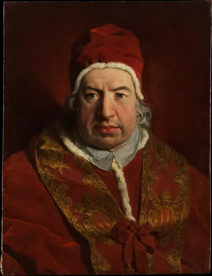 Portrait of a heavyset elderly pope in a red ermine-trimmed cap and red cape with a gold-embroidered stole, looking out at the viewer