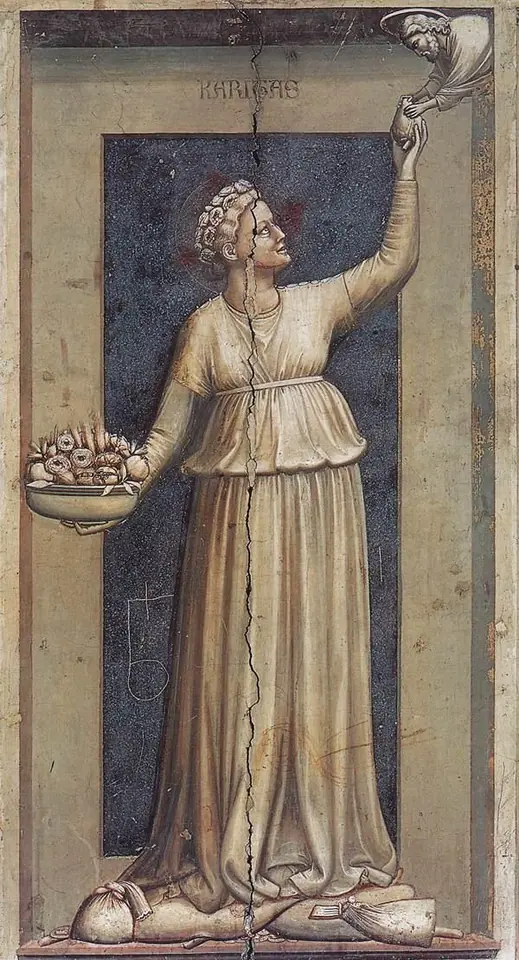 Grisaille fresco of a woman crowned with flowers holding a bowl of fruit and flowers in one hand and lifting her heart up to God with the other