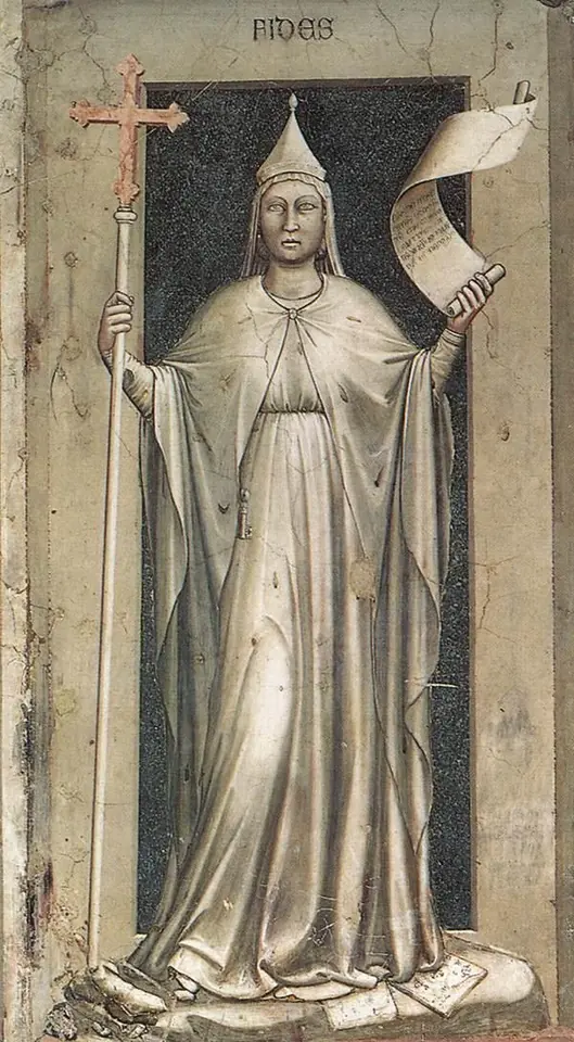 Grisaille fresco of a stately woman in a long robe and tall headdress holding a cross staff in one hand and an unrolled scroll in the other, standing in a painted niche