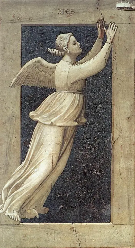 Grisaille fresco of a winged young woman rising on tiptoe with arms stretched upward toward an angel who holds out a crown to her
