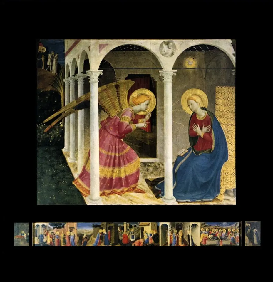 Under a loggia of slender columns, the angel Gabriel in a pink robe with golden wings bows toward Mary, who sits in a blue cloak with her arms crossed on her breast