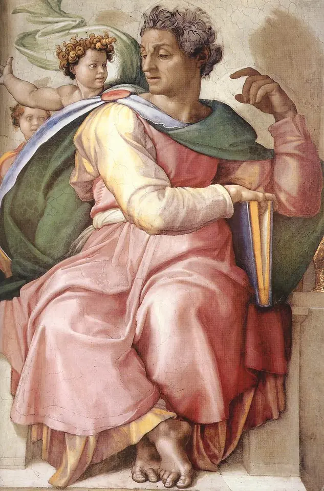 Fresco of the prophet Isaiah seated in a pink robe and green cloak, a closed book under his arm, turning his head as a child angel behind him points