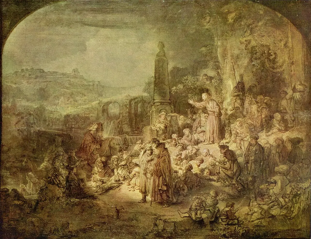 Brown-toned oil sketch of John the Baptist standing on a rise in the wilderness and preaching with raised arm to a great crowd seated and standing around him