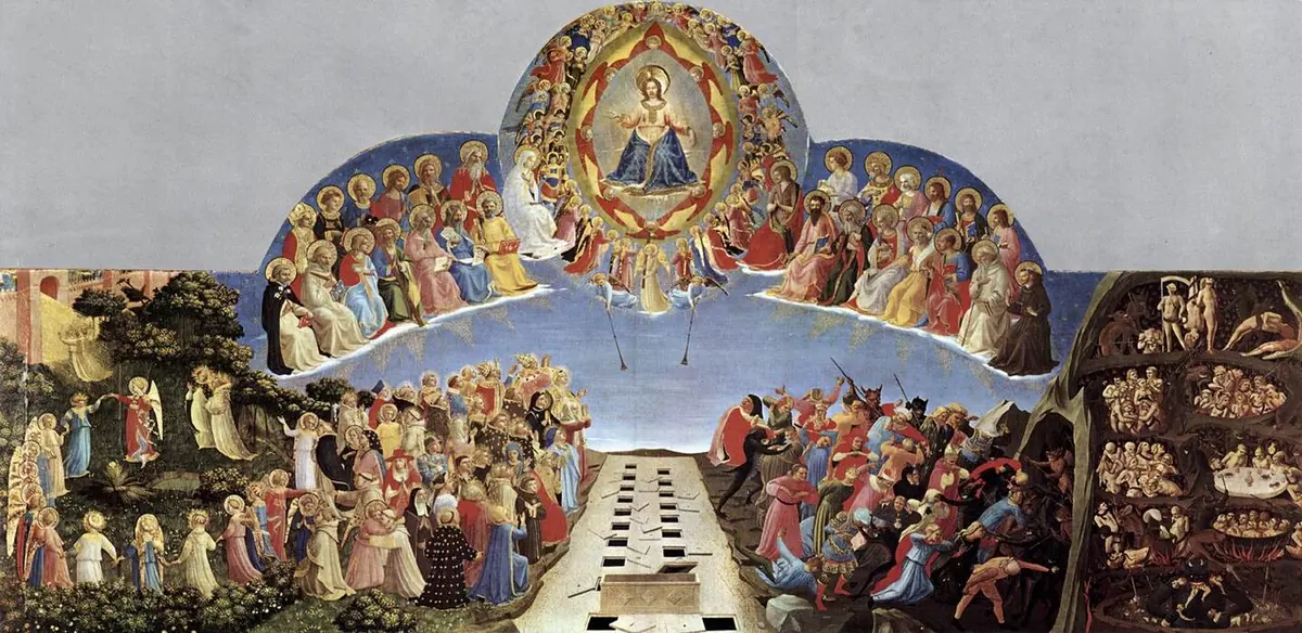 Wide gold-ground panel with Christ enthroned in a ring of angels above, saints seated in rows on either side, and the open tombs of the dead in a line down the center