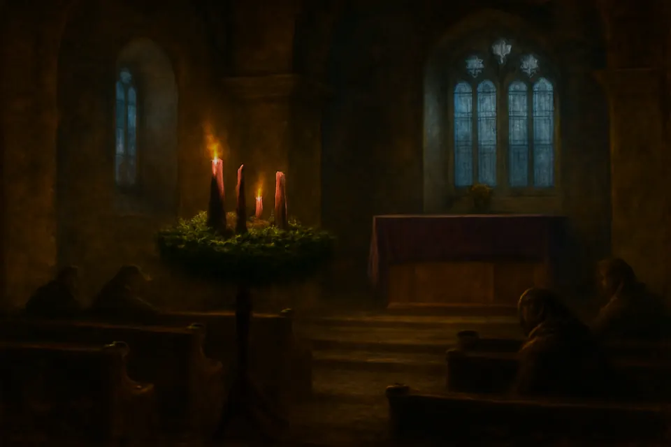 Illustration of an Advent wreath with three violet candles and one rose candle on a church side table, the first violet candle lit in a dim nave
