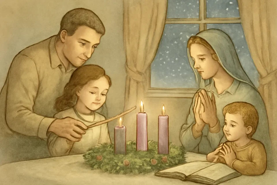 Watercolor-style illustration of a child lighting the rose candle of the Advent wreath at home on Gaudete Sunday