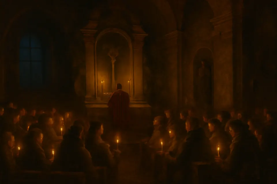 Oil-painting-style illustration of a Rorate Mass before dawn in Advent, the church lit only by candles held by the faithful