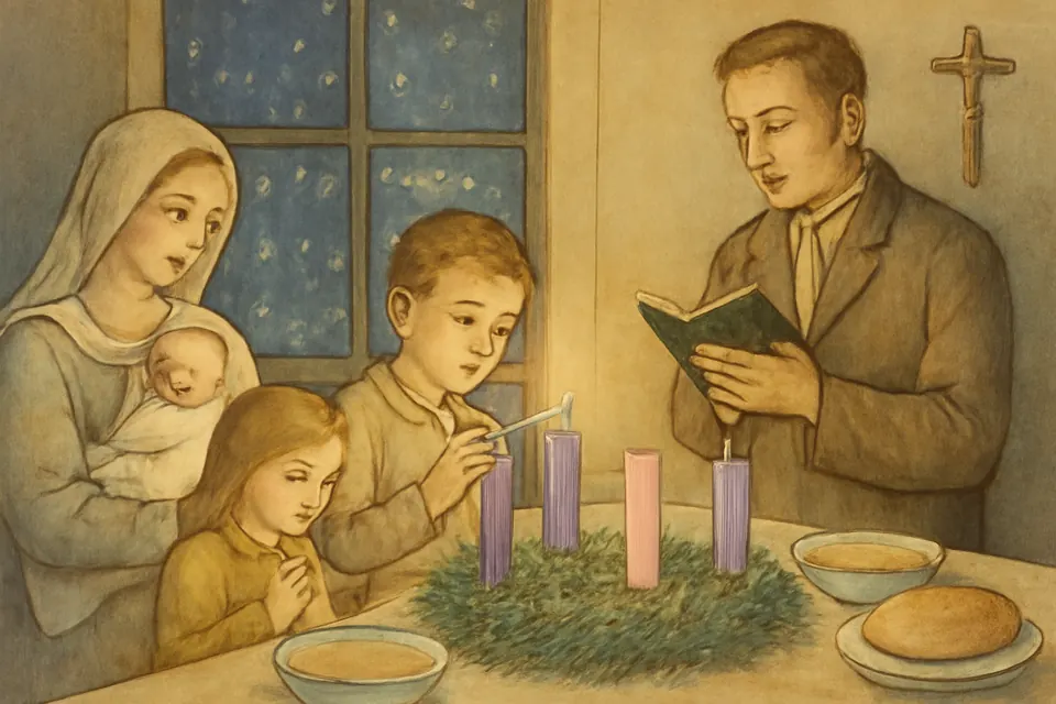 Watercolor-style illustration of a family at a supper table at dusk, the father reading from a small prayer book while a boy lights the first violet candle of an Advent wreath