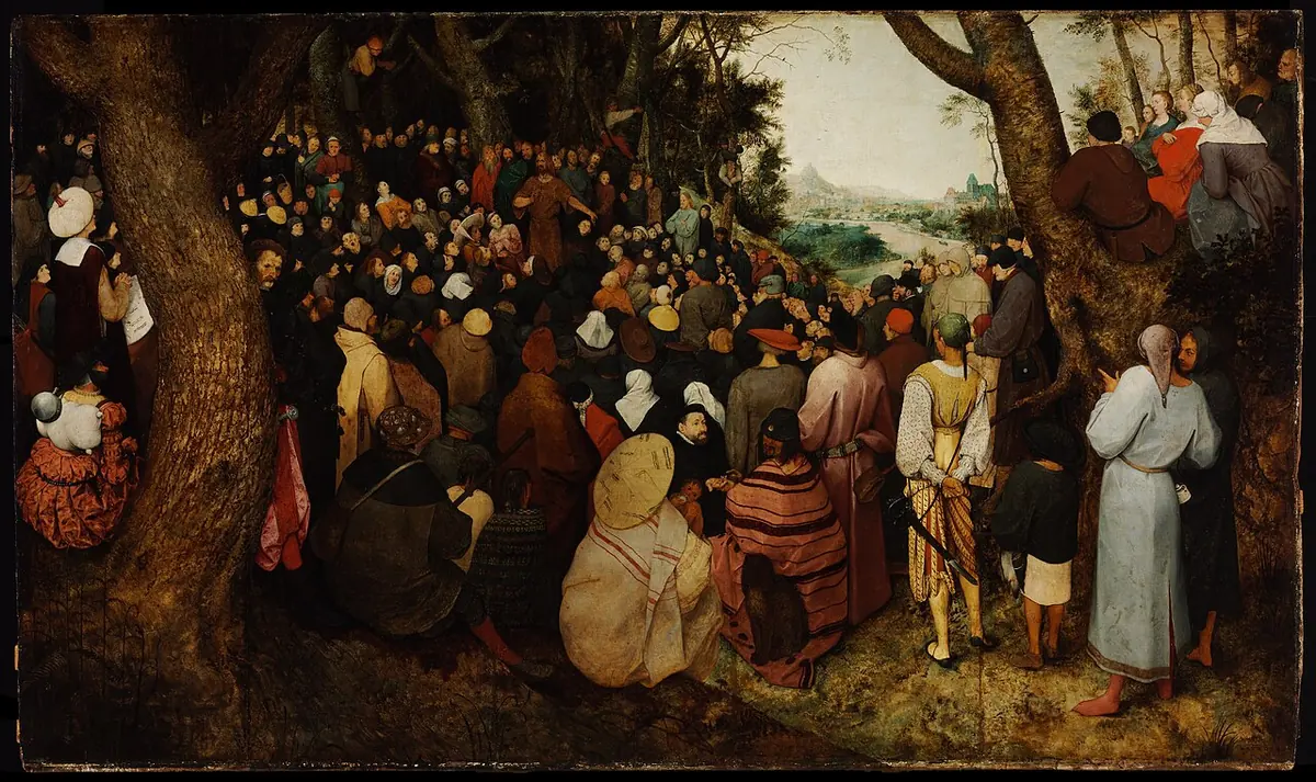 A great crowd of villagers, merchants and travelers gathered in a forest clearing to listen to a small figure of John the Baptist preaching near a river