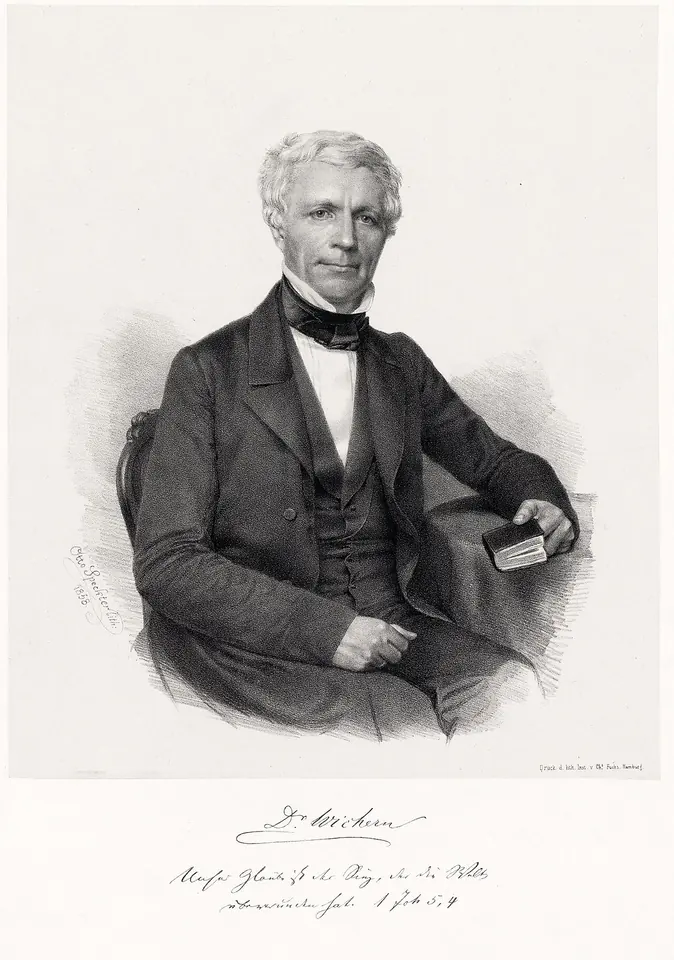 Lithograph of a middle-aged man with gray hair in a dark coat, seated and holding a small book, with his signature below