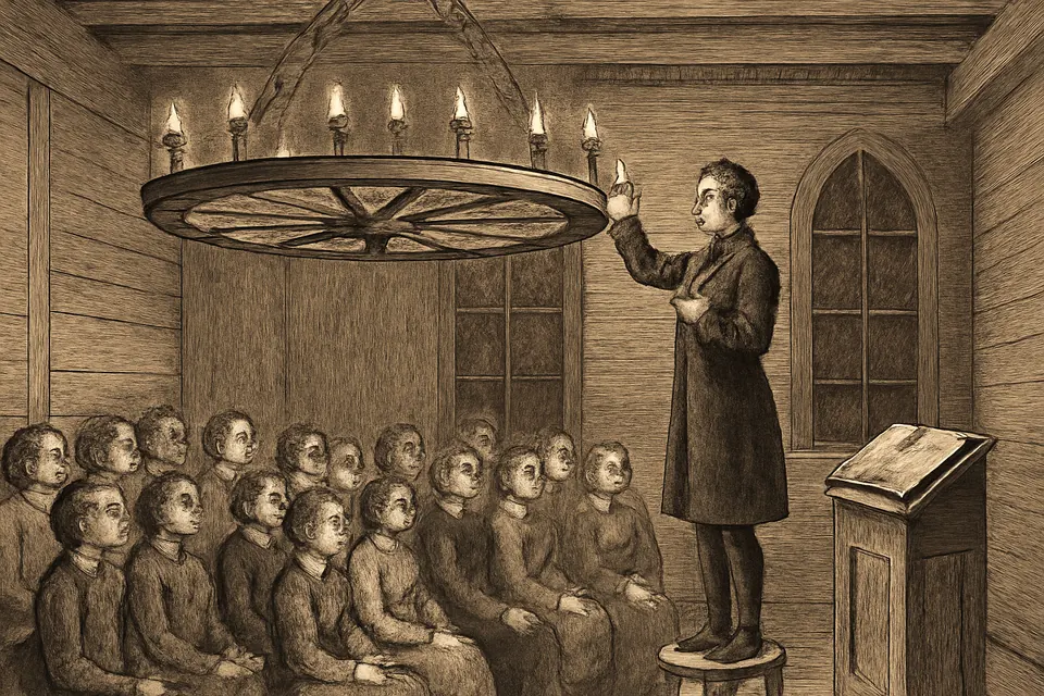 Engraving-style illustration of a large cartwheel hung with many candles in a plain wooden prayer hall, children in simple clothes looking up at it as a teacher lights one more