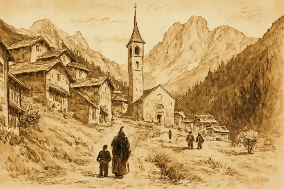 Ink-drawing-style scene of a small Alpine village with a stone church tower beneath wooded mountains in the Trentino, early morning