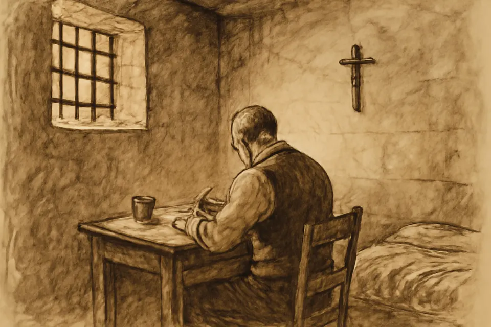 Ink-drawing-style scene of a prisoner seen from behind, writing a letter at a small table in a bare cell lit by a high barred window