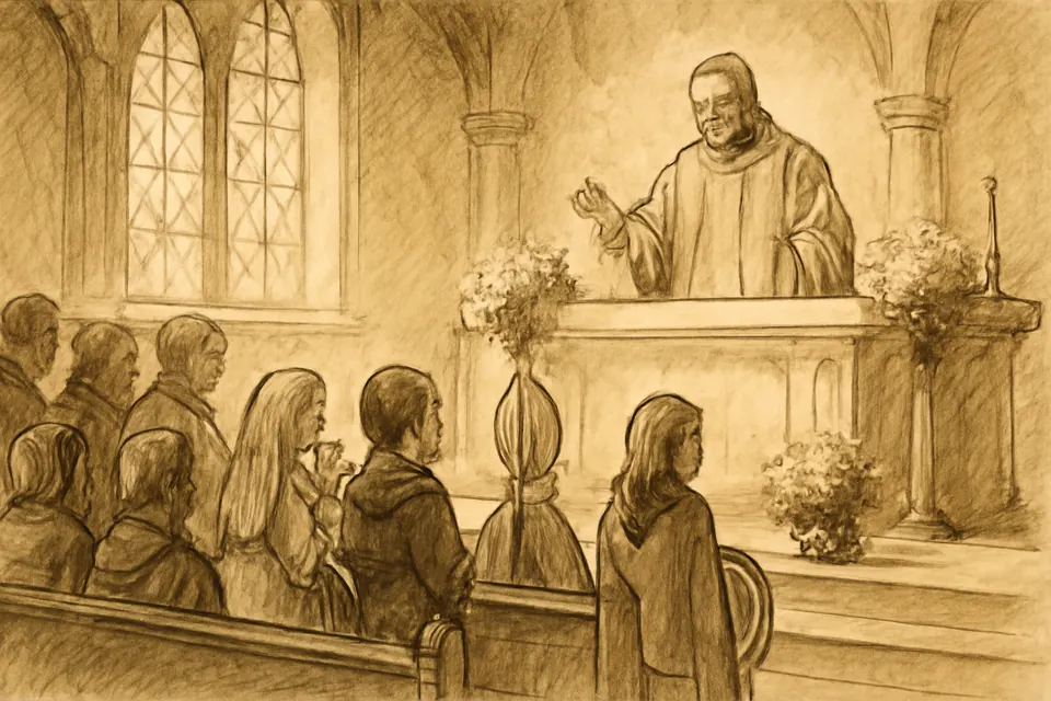 Illustration of a parish Mass on All Saints Day, the priest in white vestments and children in the front pews dressed as saints
