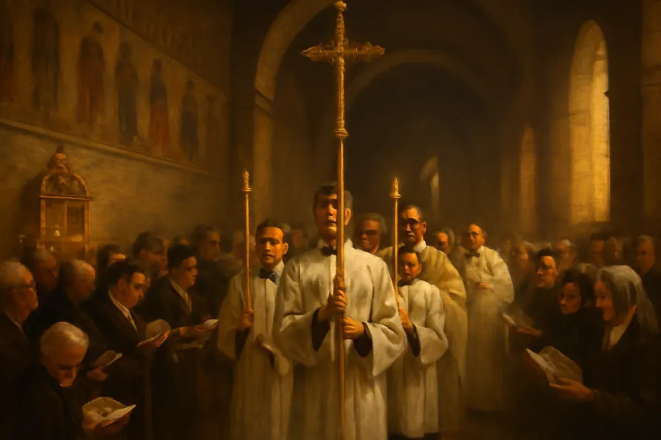 Oil-painting-style illustration of a procession of clergy and faithful entering a church behind a cross while the Litany of the Saints is chanted
