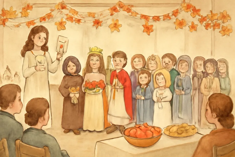 Watercolor-style illustration of children in homemade saint costumes playing guessing games at a parish All Saints party