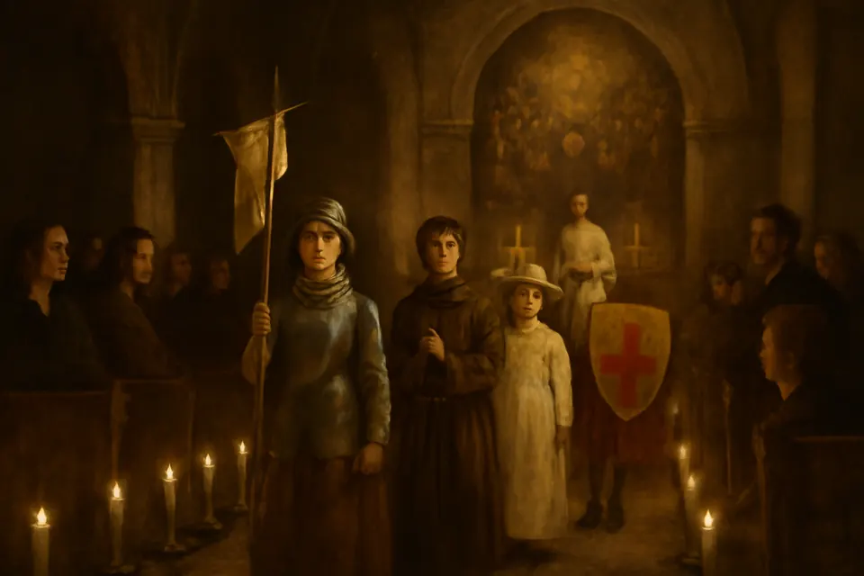 Illustration of a parish vigil Mass on the eve of All Saints Day, with children dressed as saints walking up the aisle holding candles