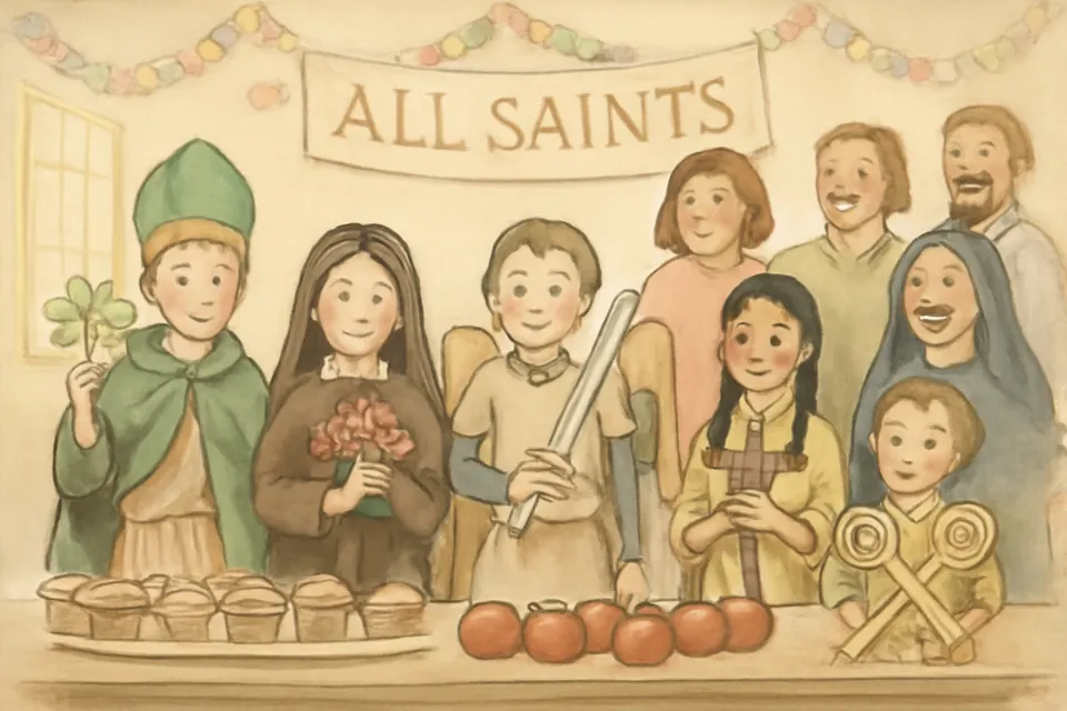 Illustration of children in homemade saint costumes at a parish All Saints Day party, guessing each other's saints
