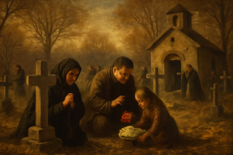 Illustration of a family praying at a grave lit with candles in a village churchyard on All Souls Day, with autumn leaves on the ground