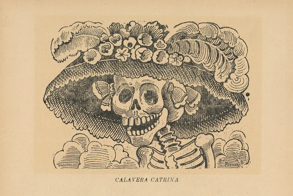 Black-and-white etching of a grinning skeleton woman wearing a wide hat piled with flowers and feathers