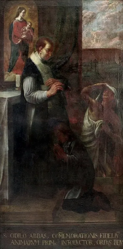 Dark painting of a Benedictine abbot at an altar raising the host, with souls in flames below and the Virgin and Child above, and a Latin inscription along the bottom
