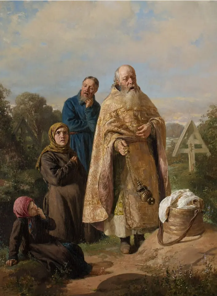 Painting of a Russian Orthodox priest in gold vestments swinging a censer at a grave in a country cemetery, with a peasant family praying beside him